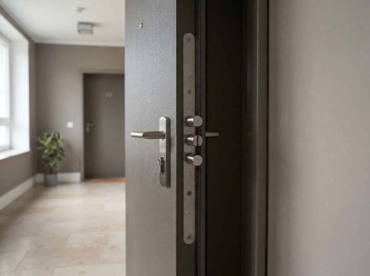 Sicherheitsverstärkte Wohnungstür mit Mehrfachverriegelung am Türrahmen
