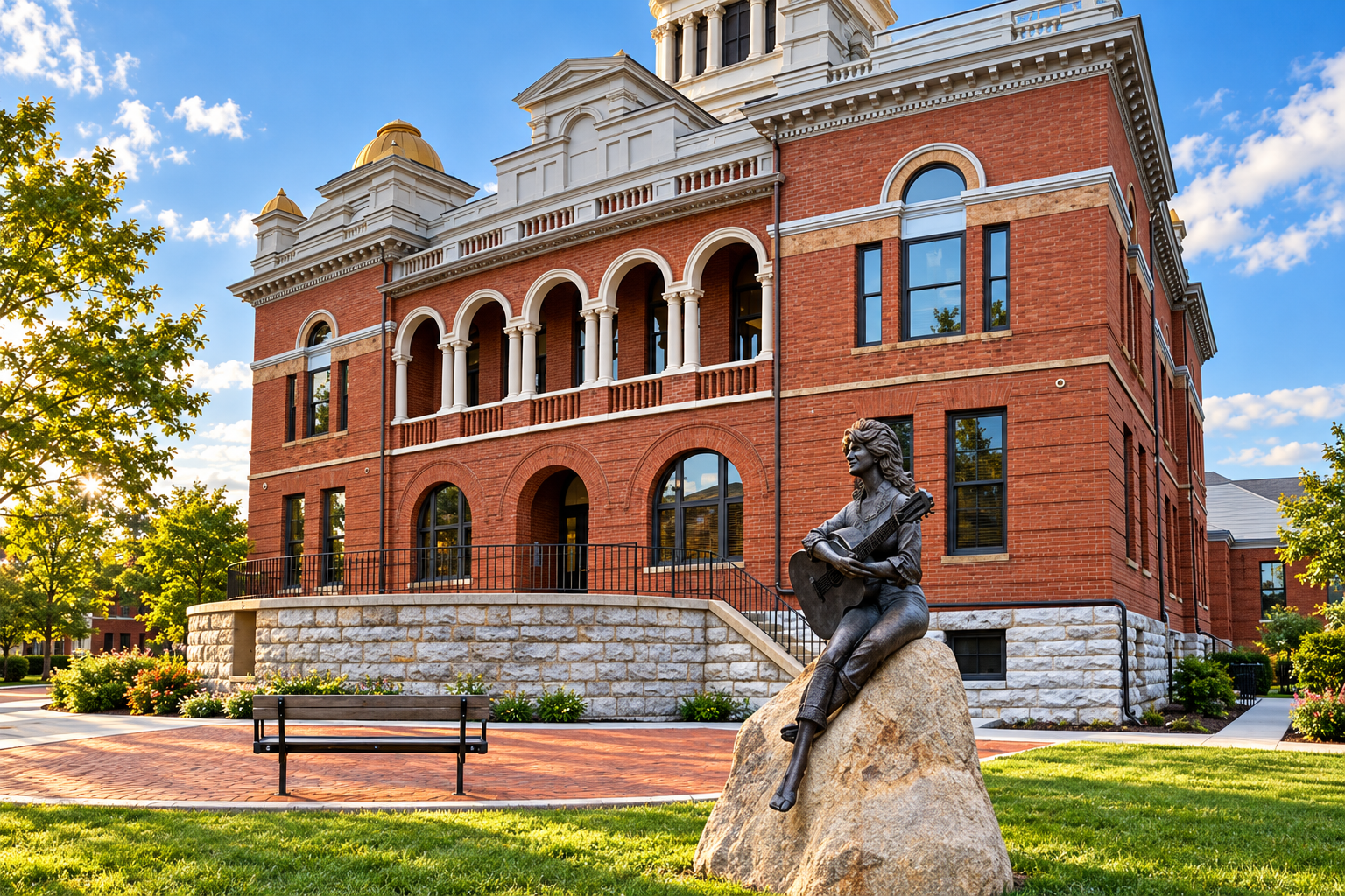 Historic Sevier County Courthouse and Dolly Parton statue in downtown Sevierville