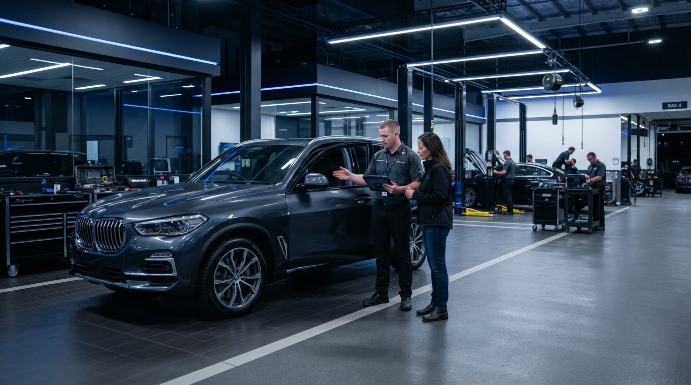 Clean modern dealership service lane with organized digital workflow