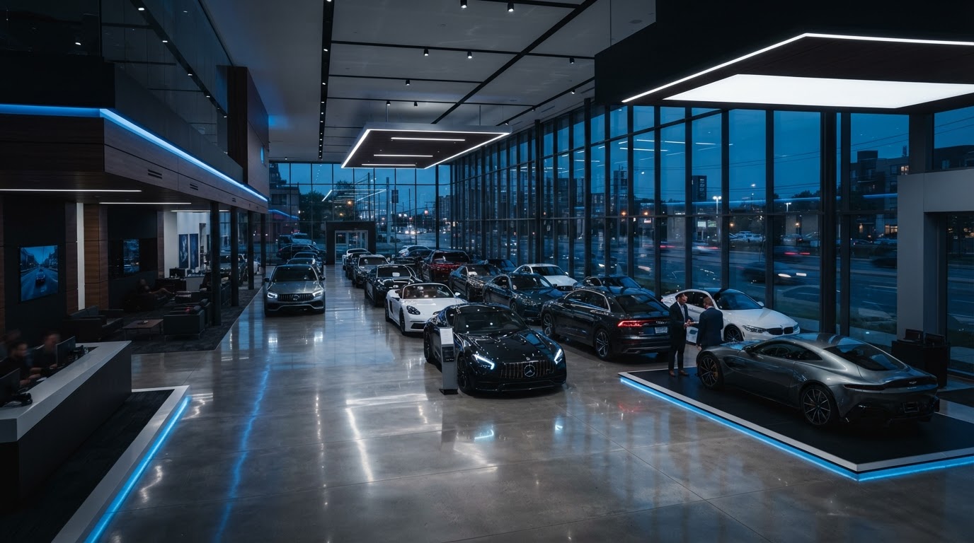Modern car dealership showroom with rows of new vehicles under premium lighting