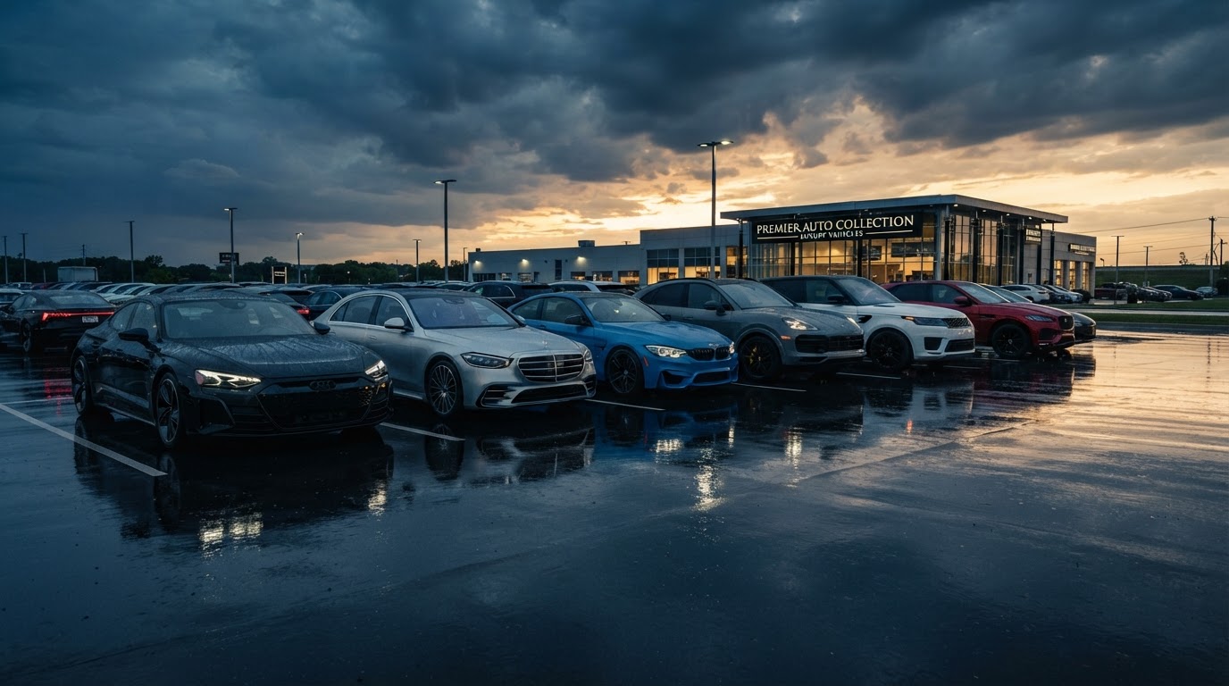 Row of new vehicles on a dealership lot at golden hour