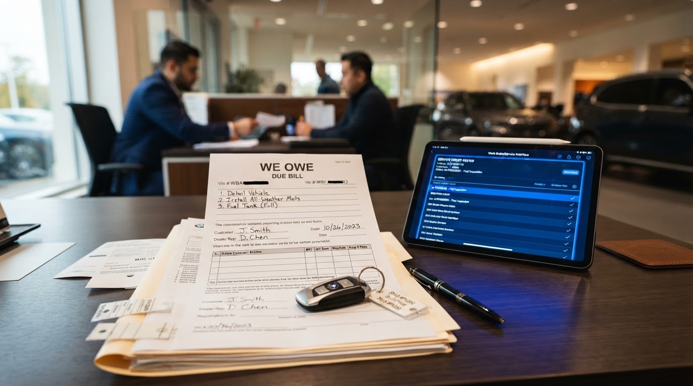 Dealership desk cluttered with paper We Owe documents and paperwork