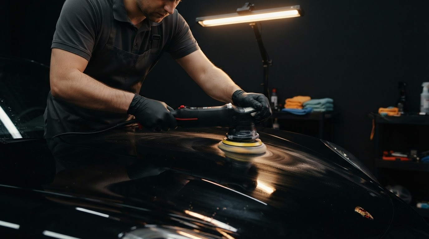 Auto Pro Detailing technician performing paint correction in the Palm Bay shop