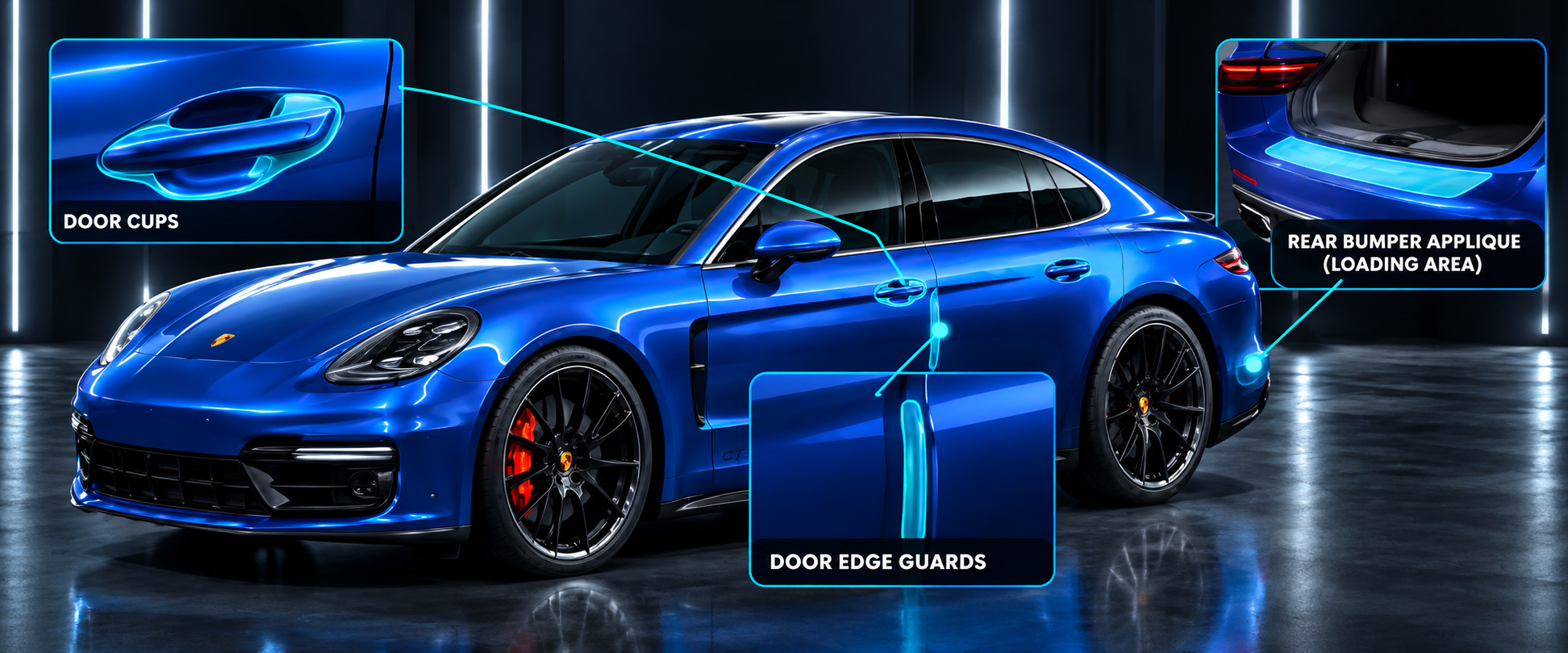 XPEL Paint Protection Film Wear & Tear package showing callouts for door cups, door edge guards, and rear bumper loading area appliqué