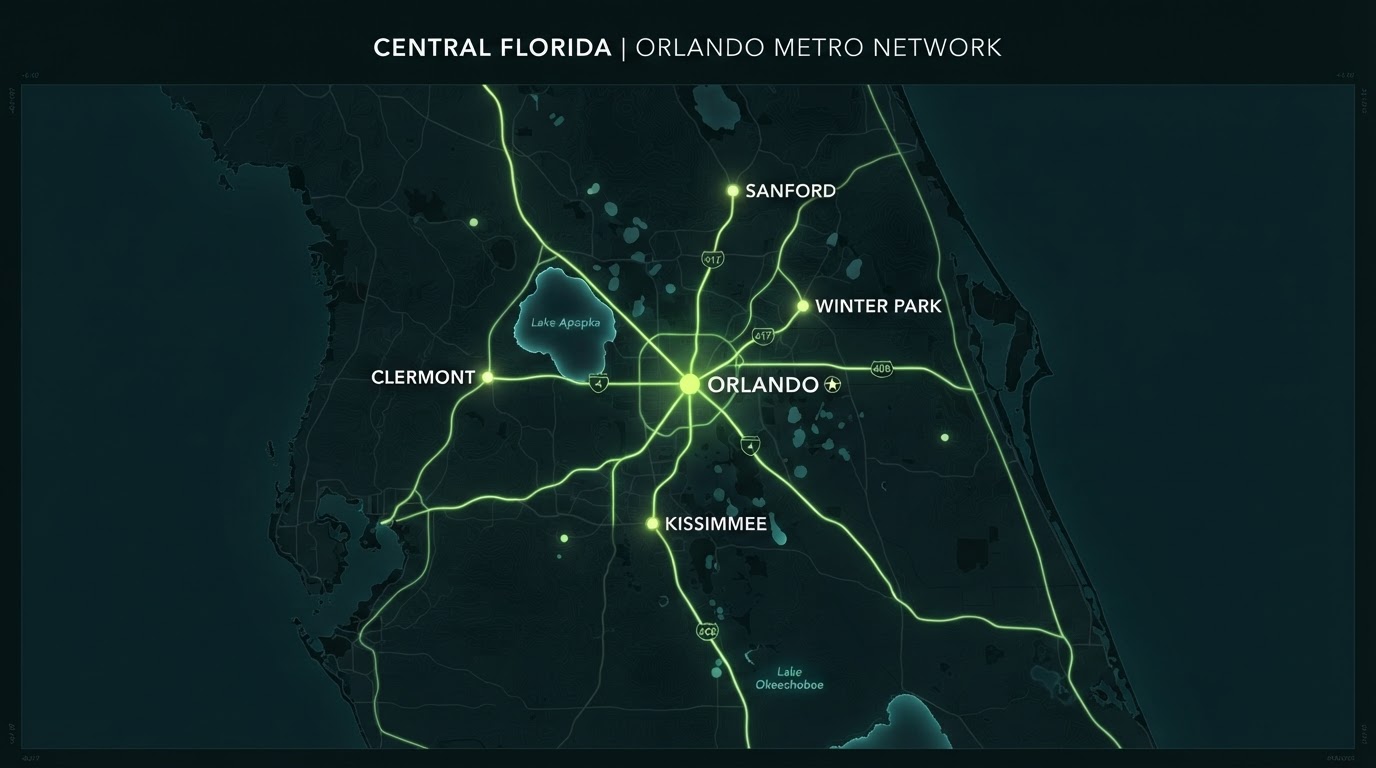 Central Florida service area map showing Orlando and surrounding cities