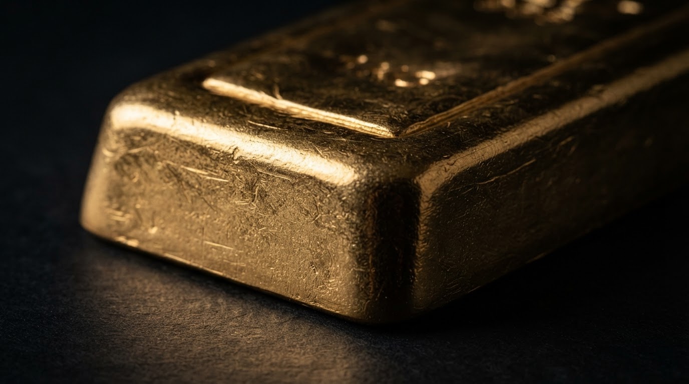 Extreme macro photograph of a single physical gold bar in dramatic light
