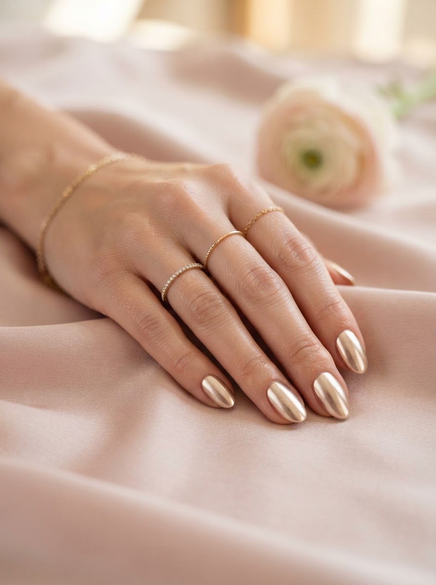 Champagne chrome nail detail