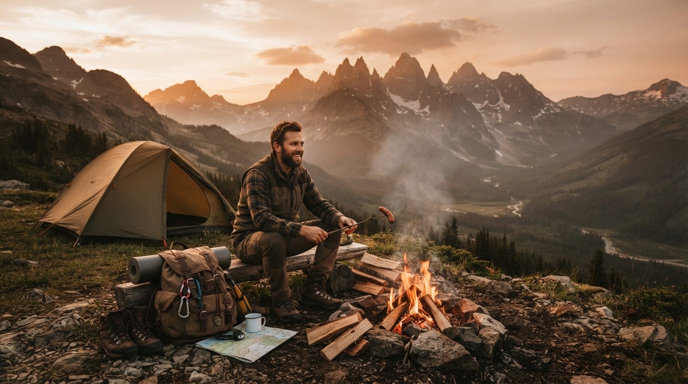 Wilderness camp at golden hour