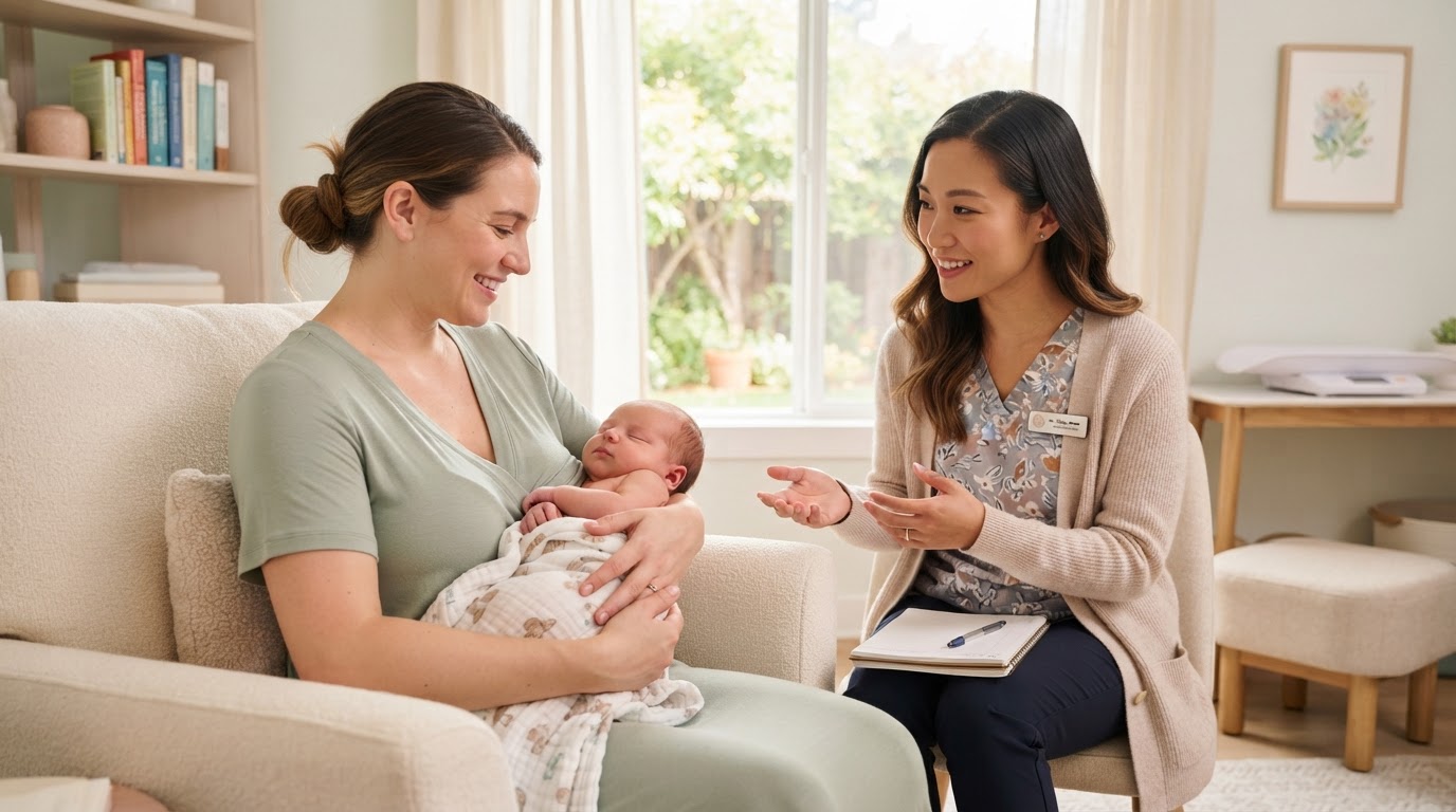 Compassionate lactation professional with baby and mother