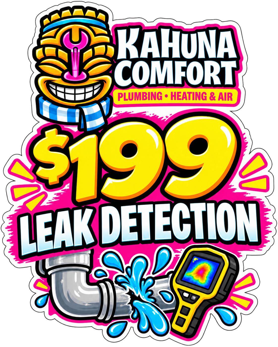 Especial de Detección de Fugas por $199 de Kahuna Comfort con mascota Tiki, cámara térmica y tubería en Anaheim