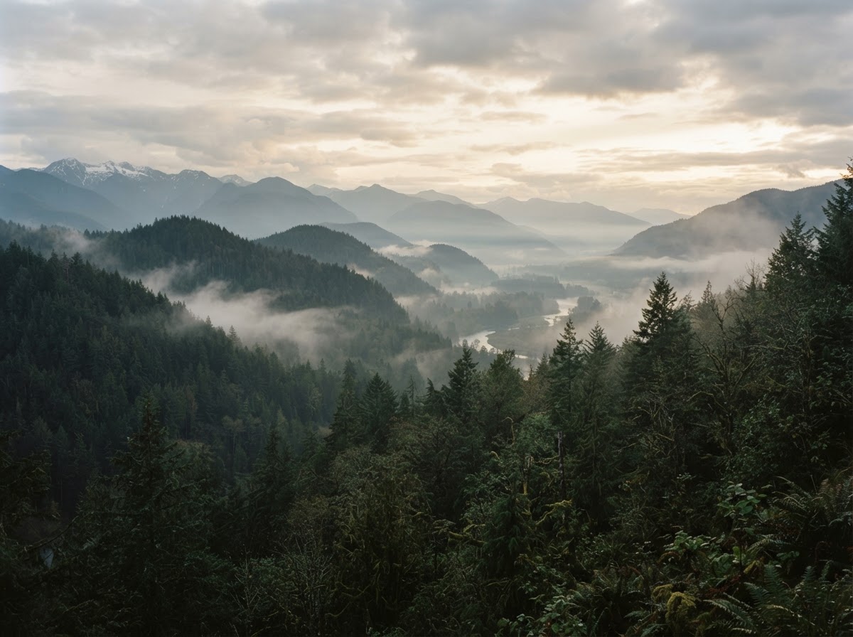 Mist over evergreen hills in Washington State at dawn