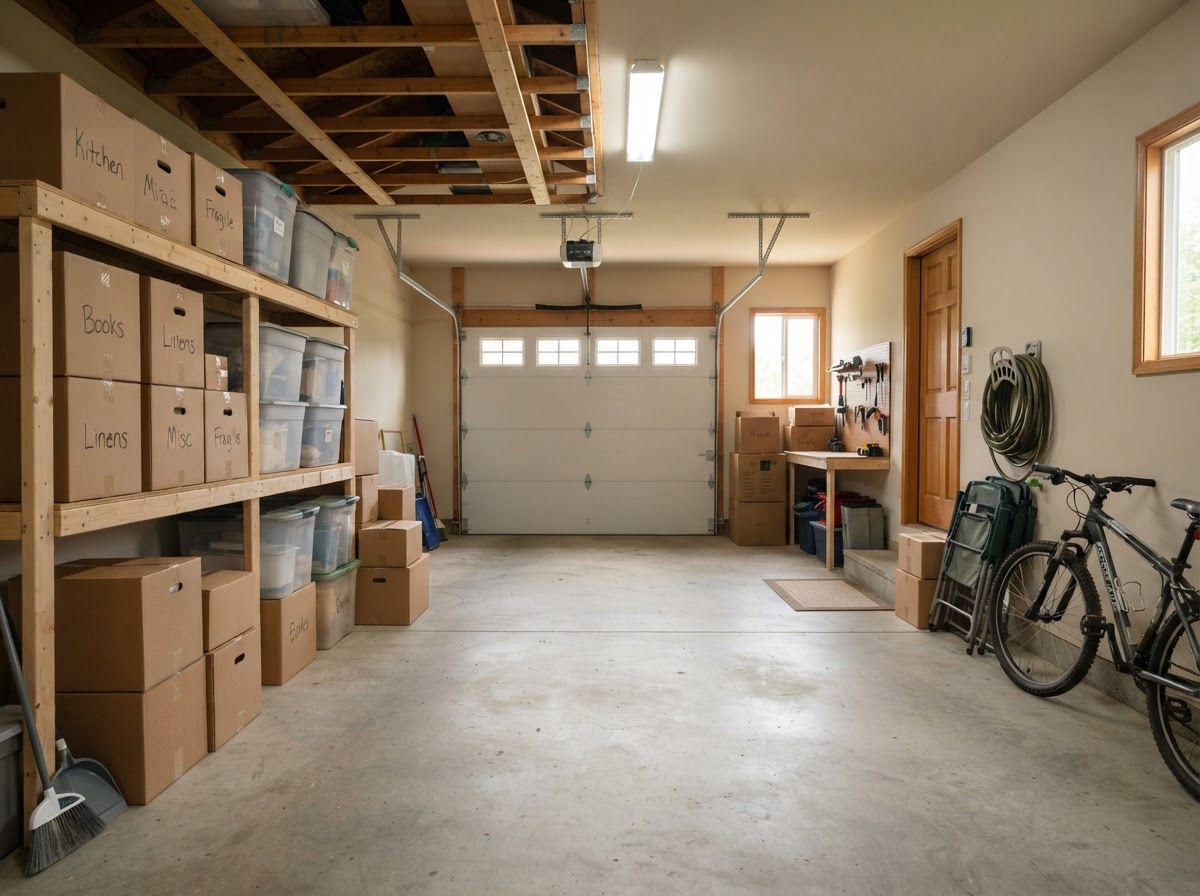 Garage containing boxed household belongings