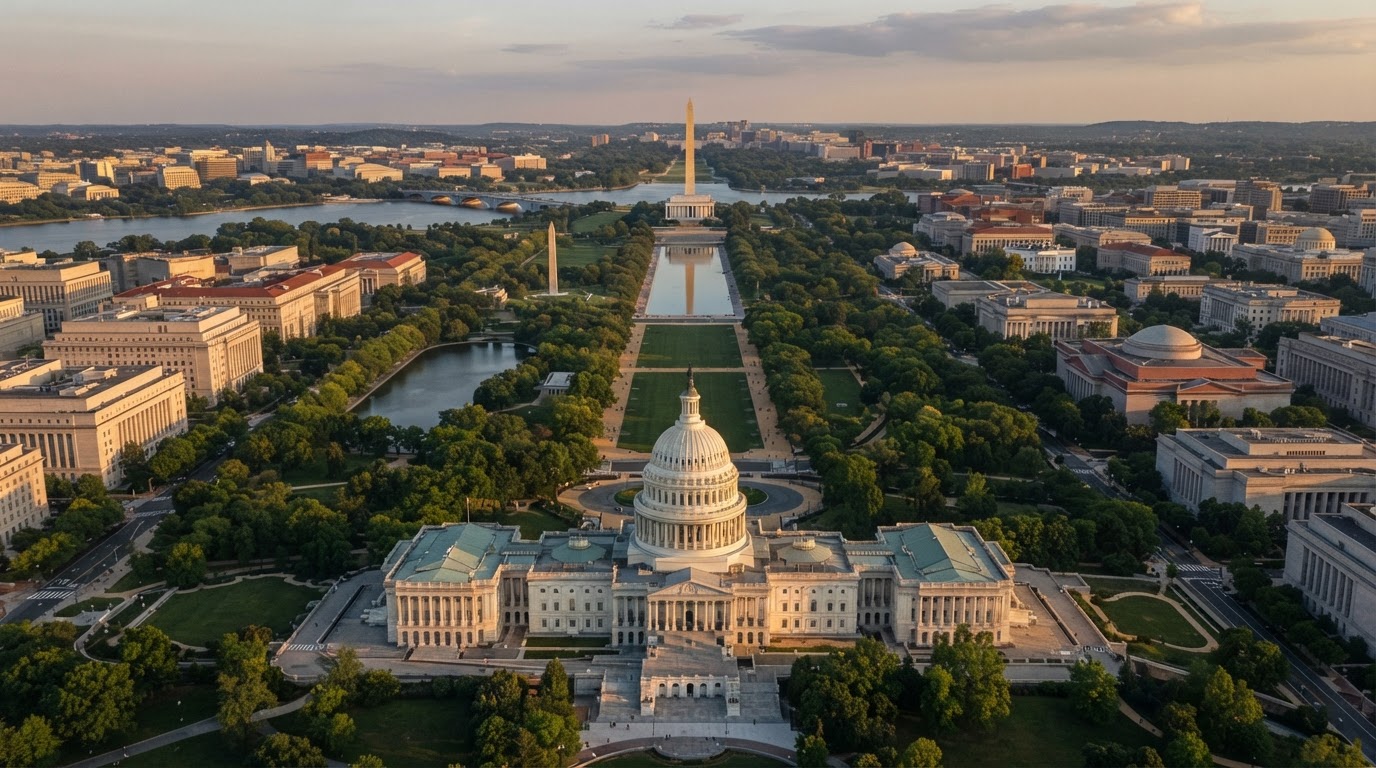 Aerial view of Washington DC monuments and neoclassical architecture at golden hour