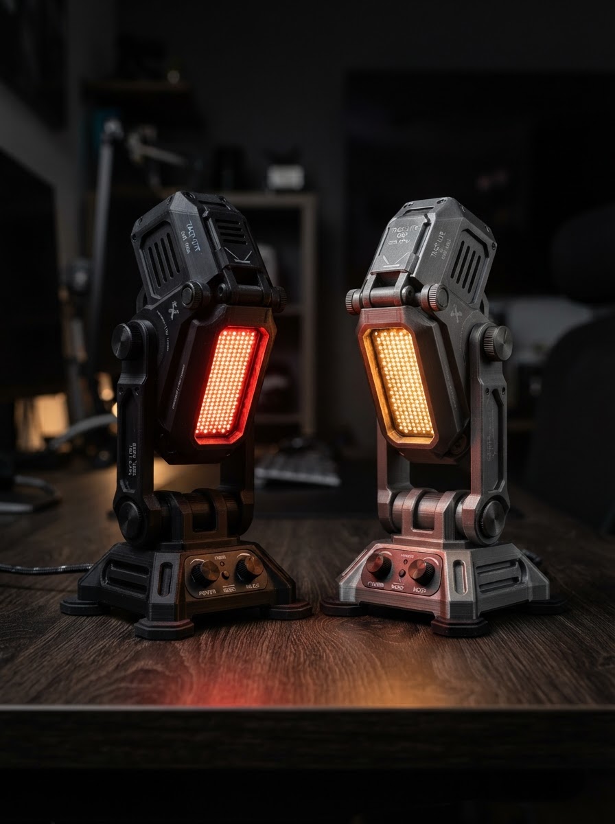 Two custom tactical desk lamps in black and gunmetal side by side