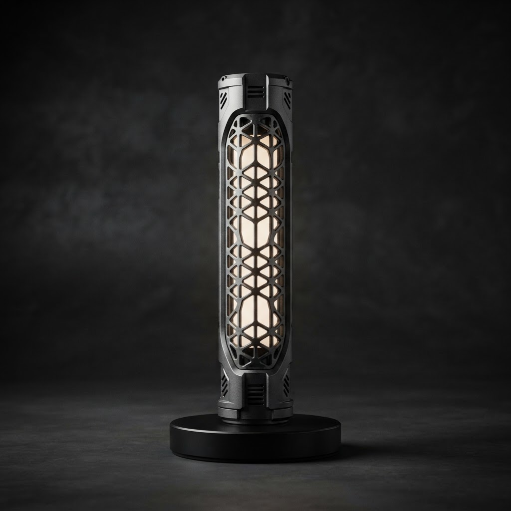 MOD rail-style tactical desk lamp detail with red glow