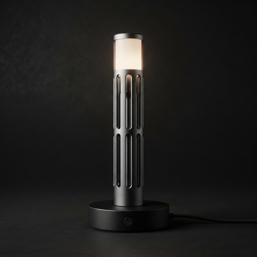 Black tactical-inspired 3D printed desk lamp with red LED light