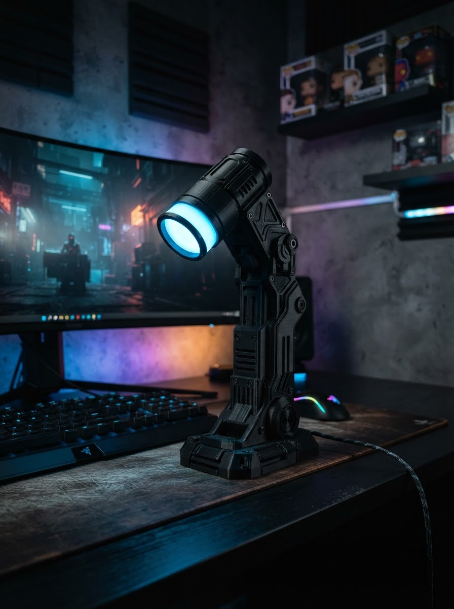 Black tactical desk lamp with blue glow on a gaming desk setup