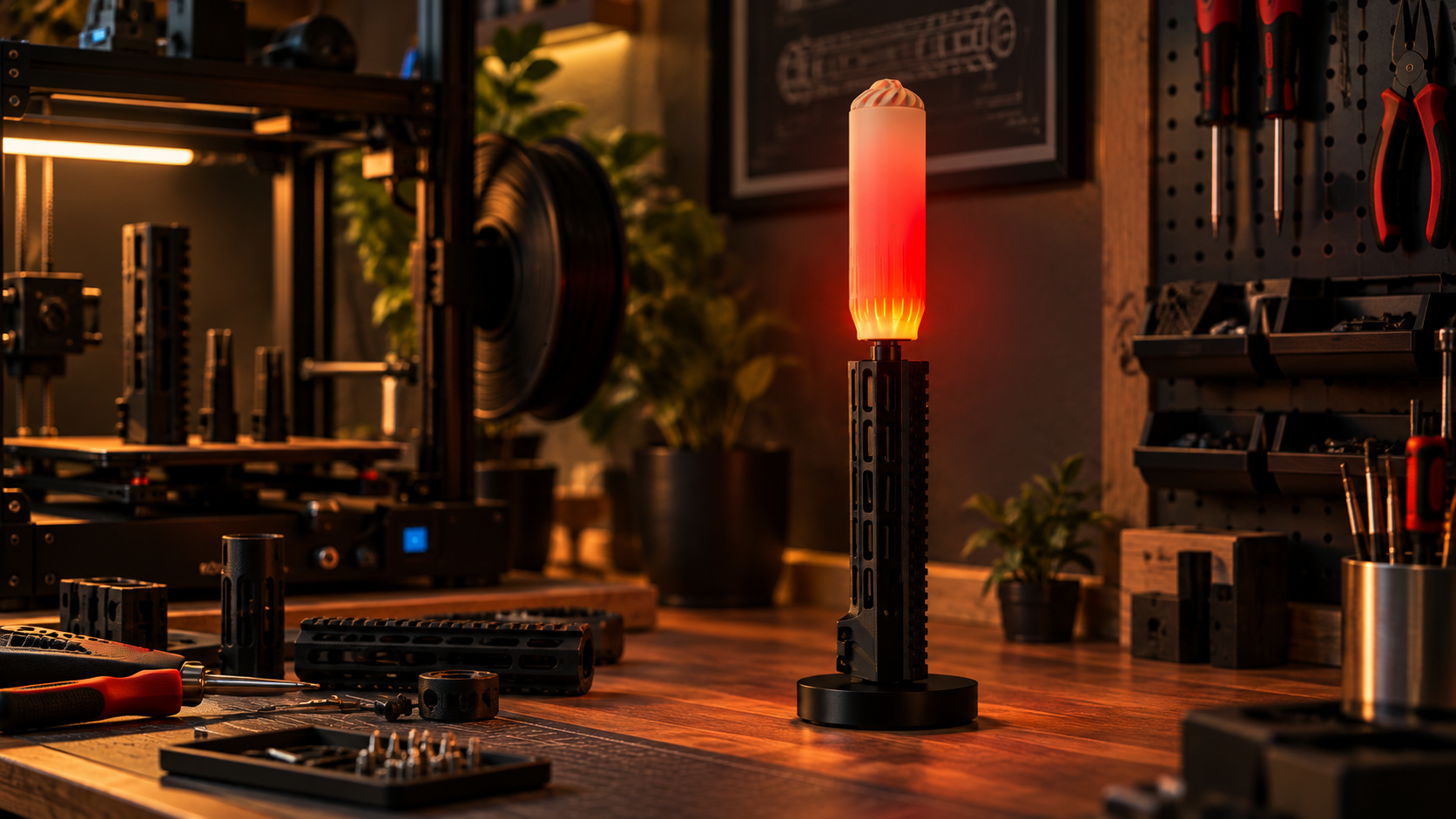 Tactical-inspired decorative lamp in a workshop setting