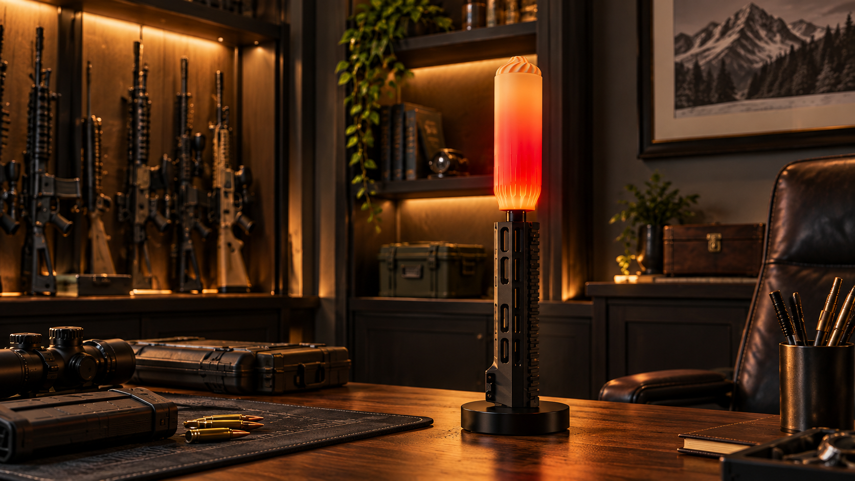 Tactical-inspired decorative lamp in a collection room setting