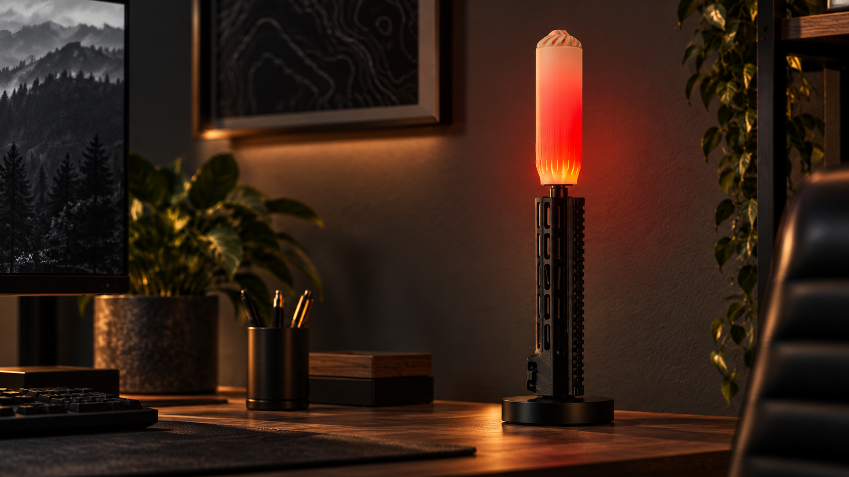 Tactical-inspired decorative lamp in a desk setting