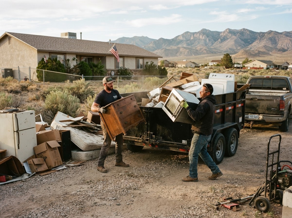 Workers loading household junk and old appliances into a Fernley Fast Haul trailer