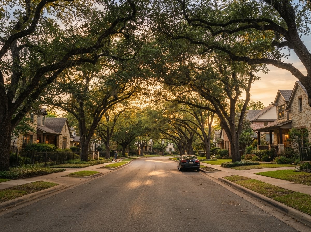 Georgetown, Texas residential street with live oaks at golden hour
