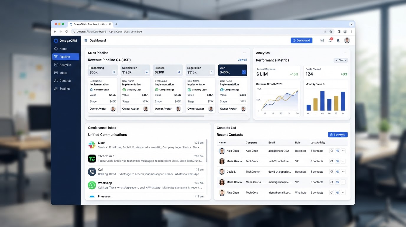 Mockup del panel de control de la plataforma CRM con pipelines, analítica e inbox omnicanal