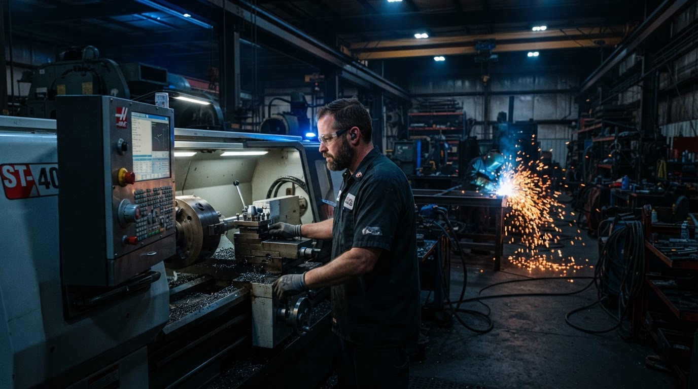 Machinist operating a lathe with welding sparks in the New Orleans Machine & Fab shop