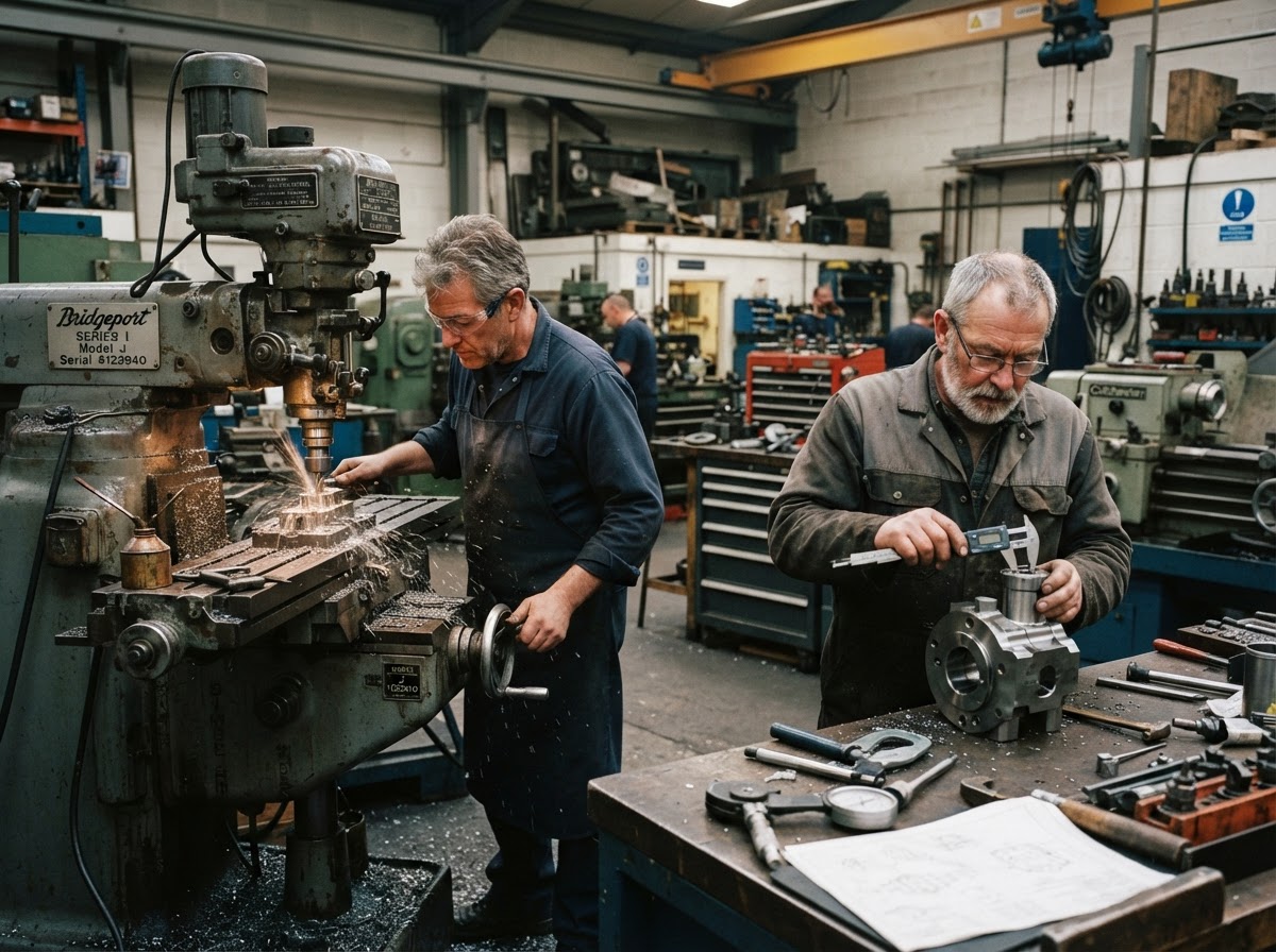 Experienced machinists working together inside the New Orleans Machine & Fab shop