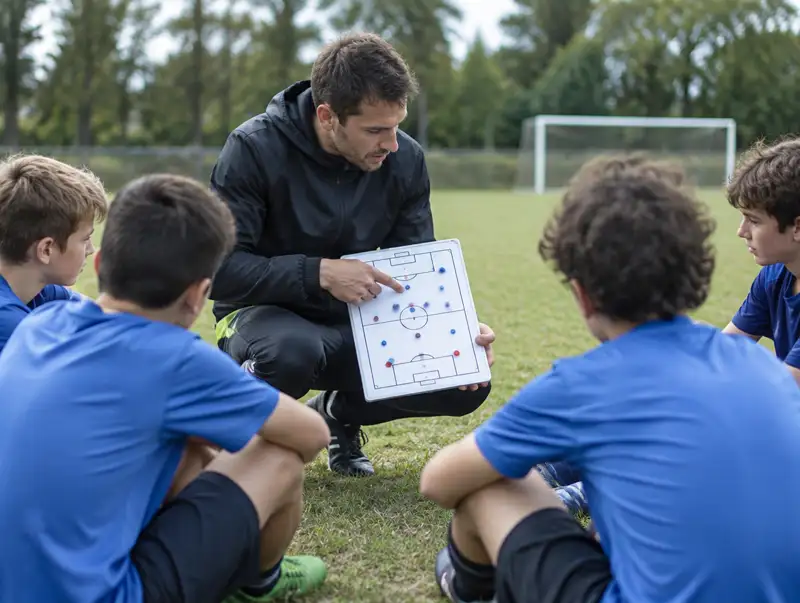Profesor y entrenador de fútbol formativo CEARD enseñando táctica en pizarra a jóvenes futbolistas
