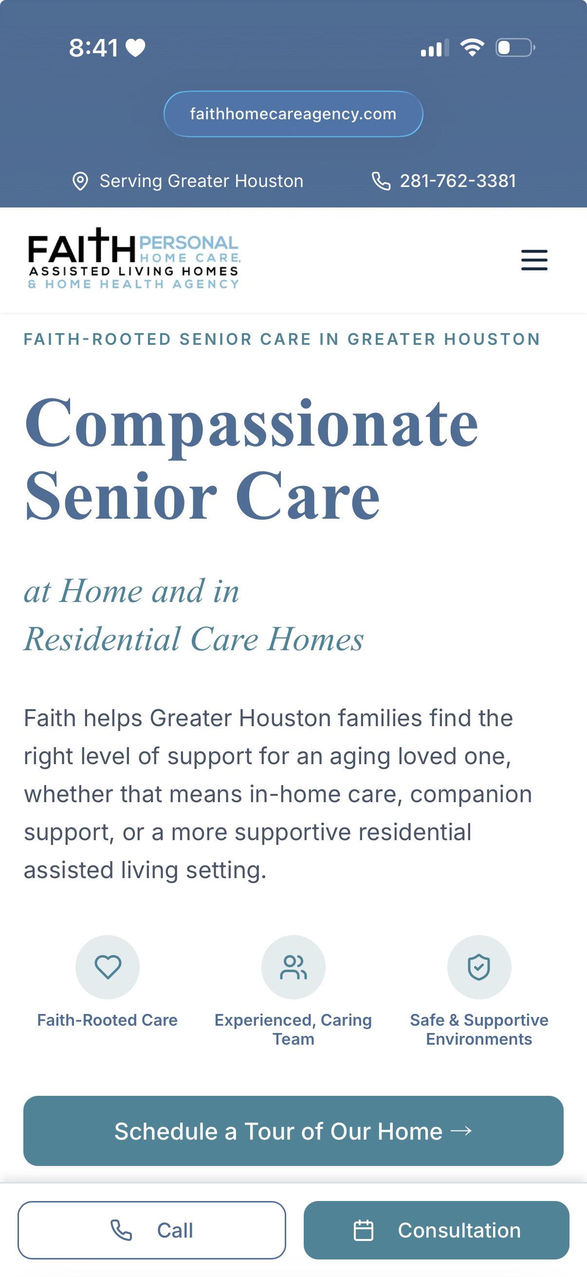 Mobile view of the Faith Assisted Living Homes assisted living website homepage