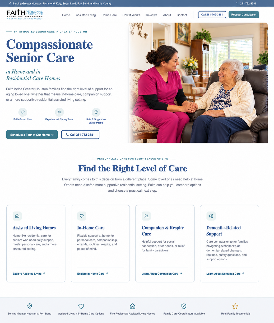 Desktop view of the Faith Assisted Living Homes assisted living website homepage