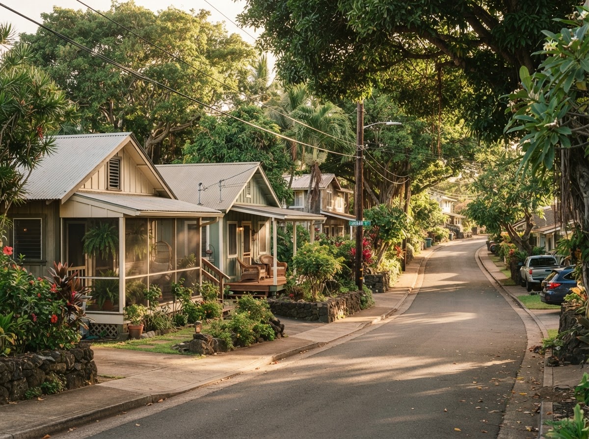 A quiet Hawaiʻi neighborhood at golden hour