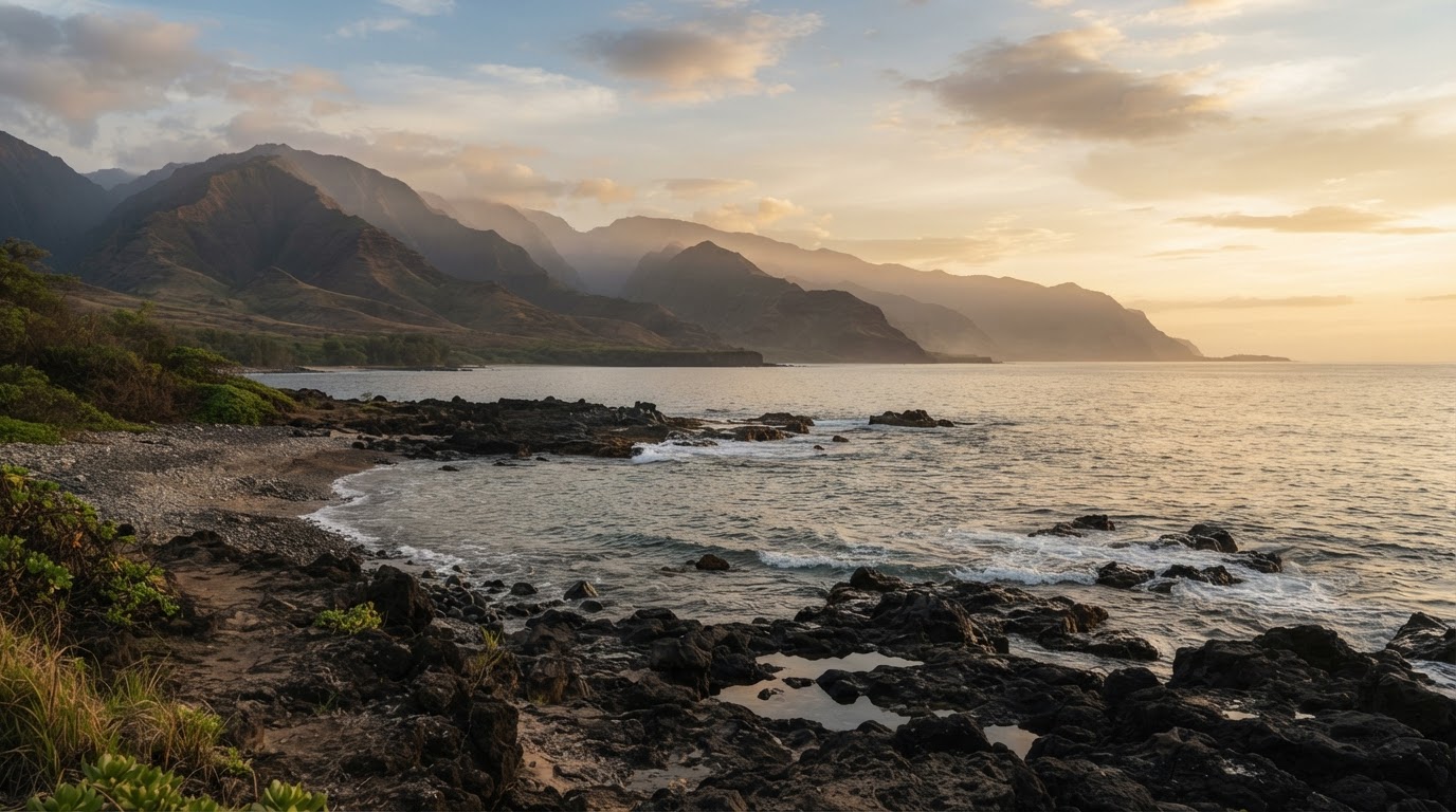 Calm Hawaiʻi coastline at golden hour