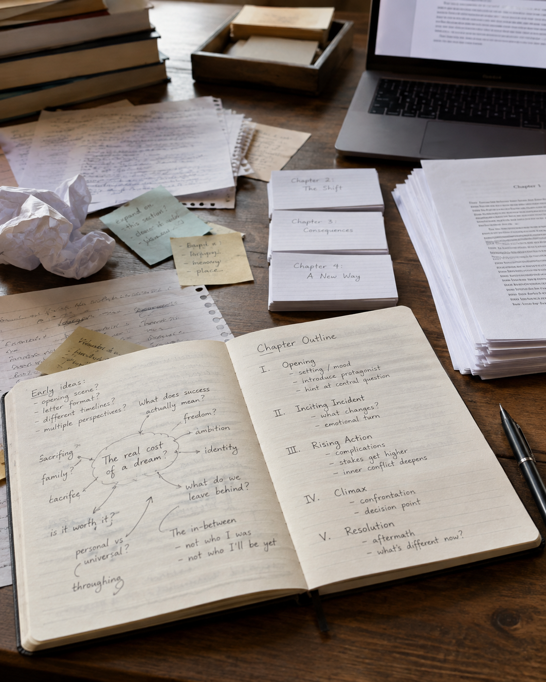 Realistic writing desk showing scattered ideas and notes becoming an organized chapter outline