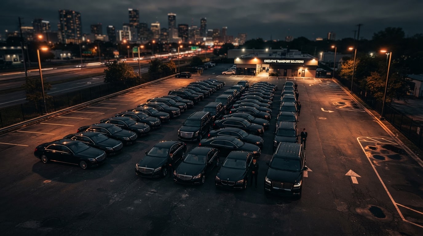 Fleet of RideLink black sedans and SUVs lined up at night
