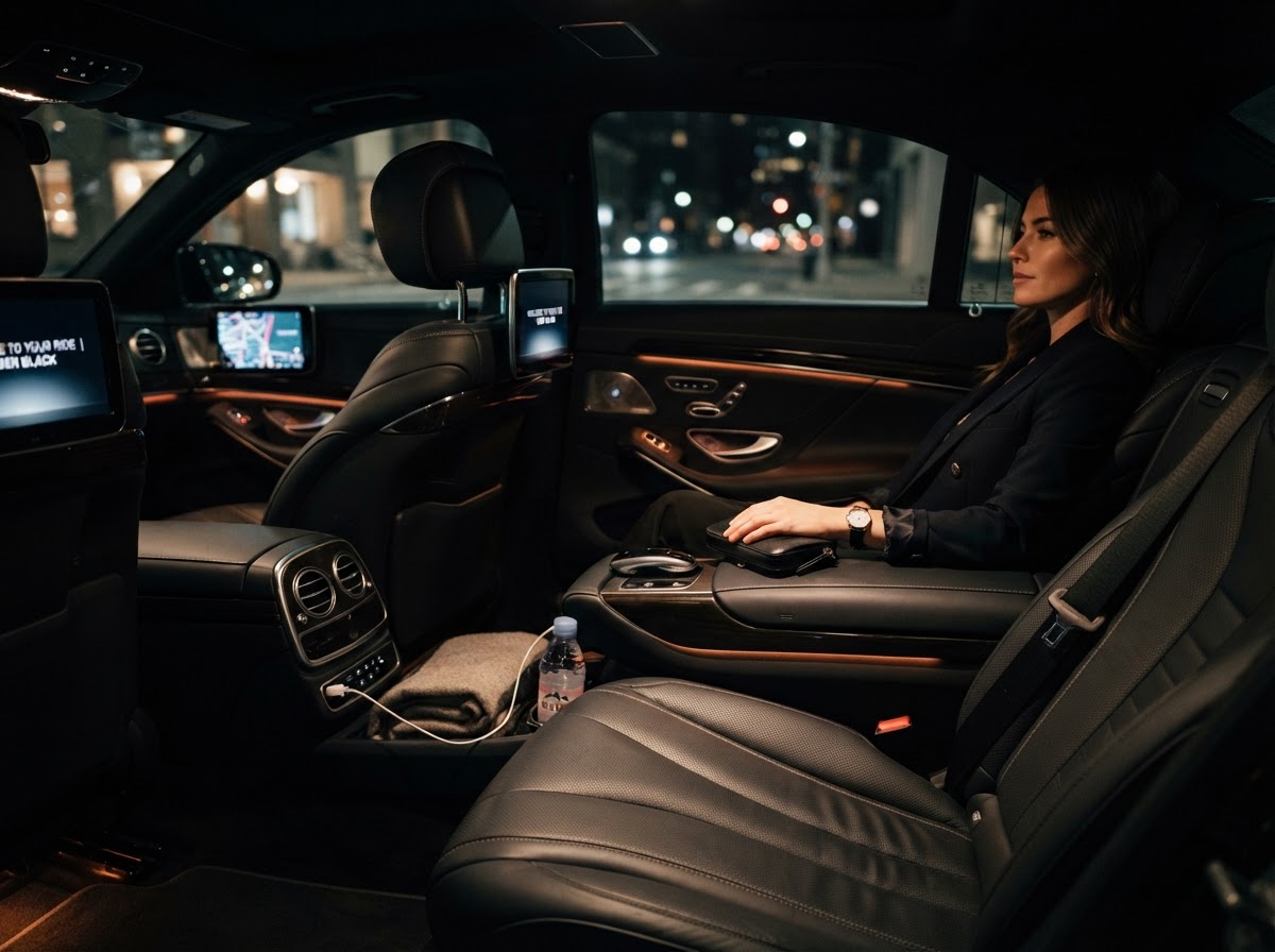 Premium leather interior of a RideLink sedan with warm ambient lighting