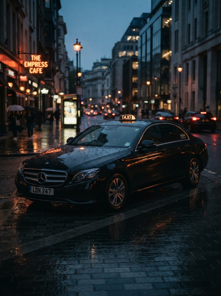 Sleek black RideLink sedan parked on a city street at dusk