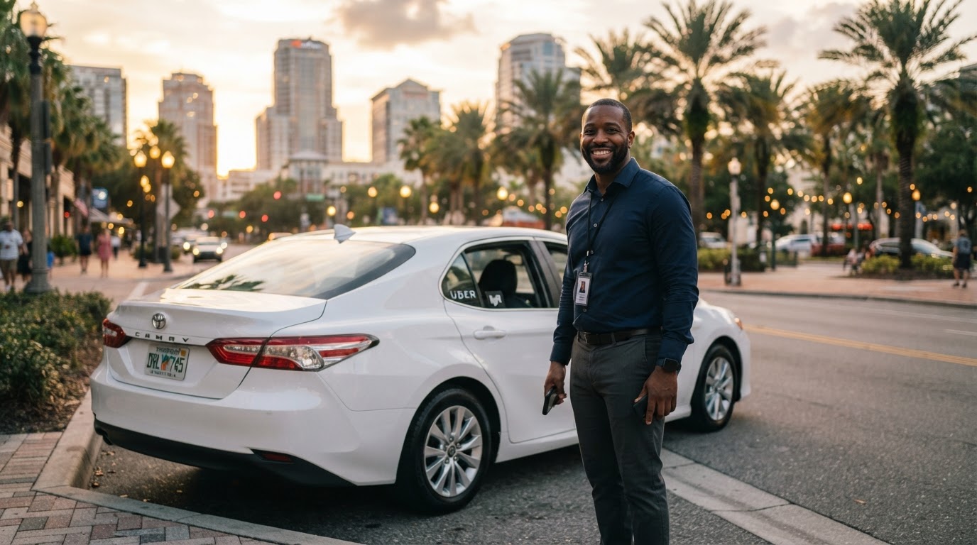 A friendly Orlando Local Transport driver beside a clean white sedan at golden hour