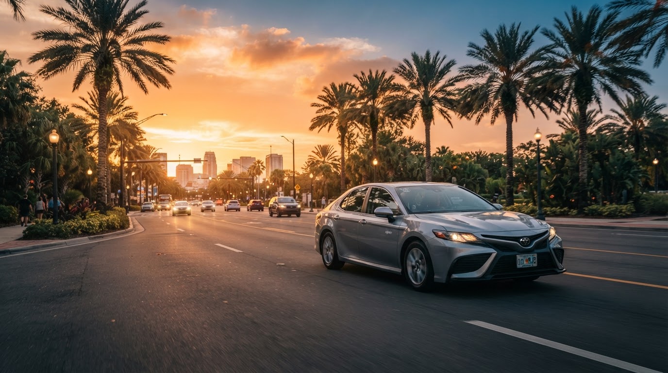 A modern rideshare sedan driving on a sunlit Orlando boulevard at golden hour