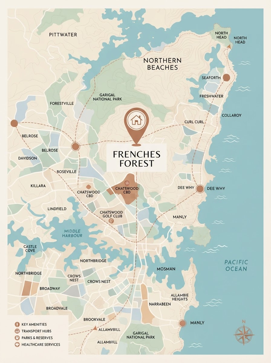 Blake Landscapes Northern Beaches and North Shore Service Area Map centered on Frenchs Forest