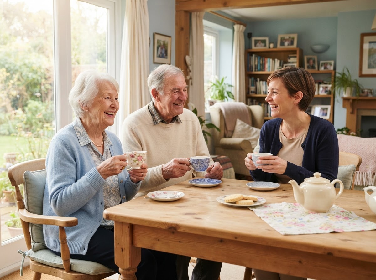 Two older adults and a caregiver sharing a warm conversation over tea in a sunlit community setting