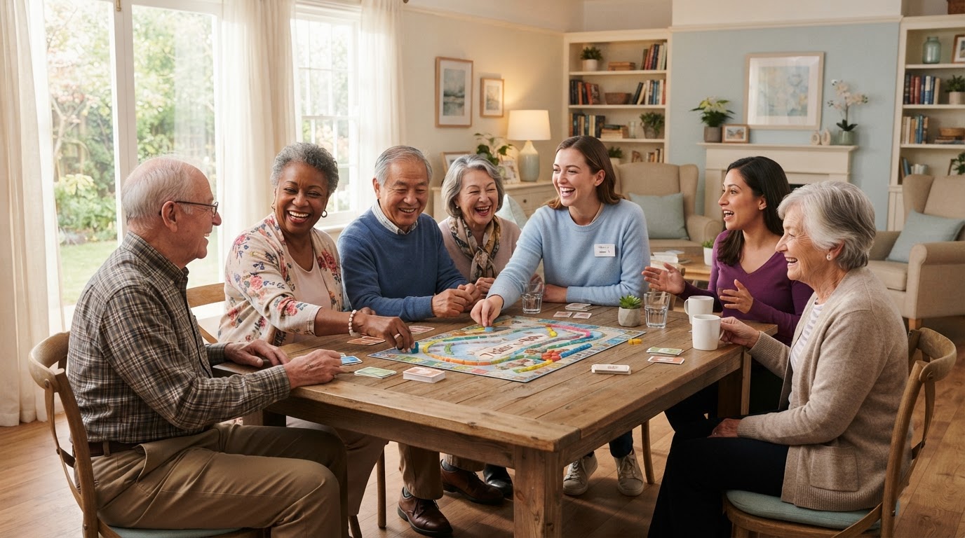 Diverse group of older adults and caregivers enjoying a social activity together in a bright, comfortable community room