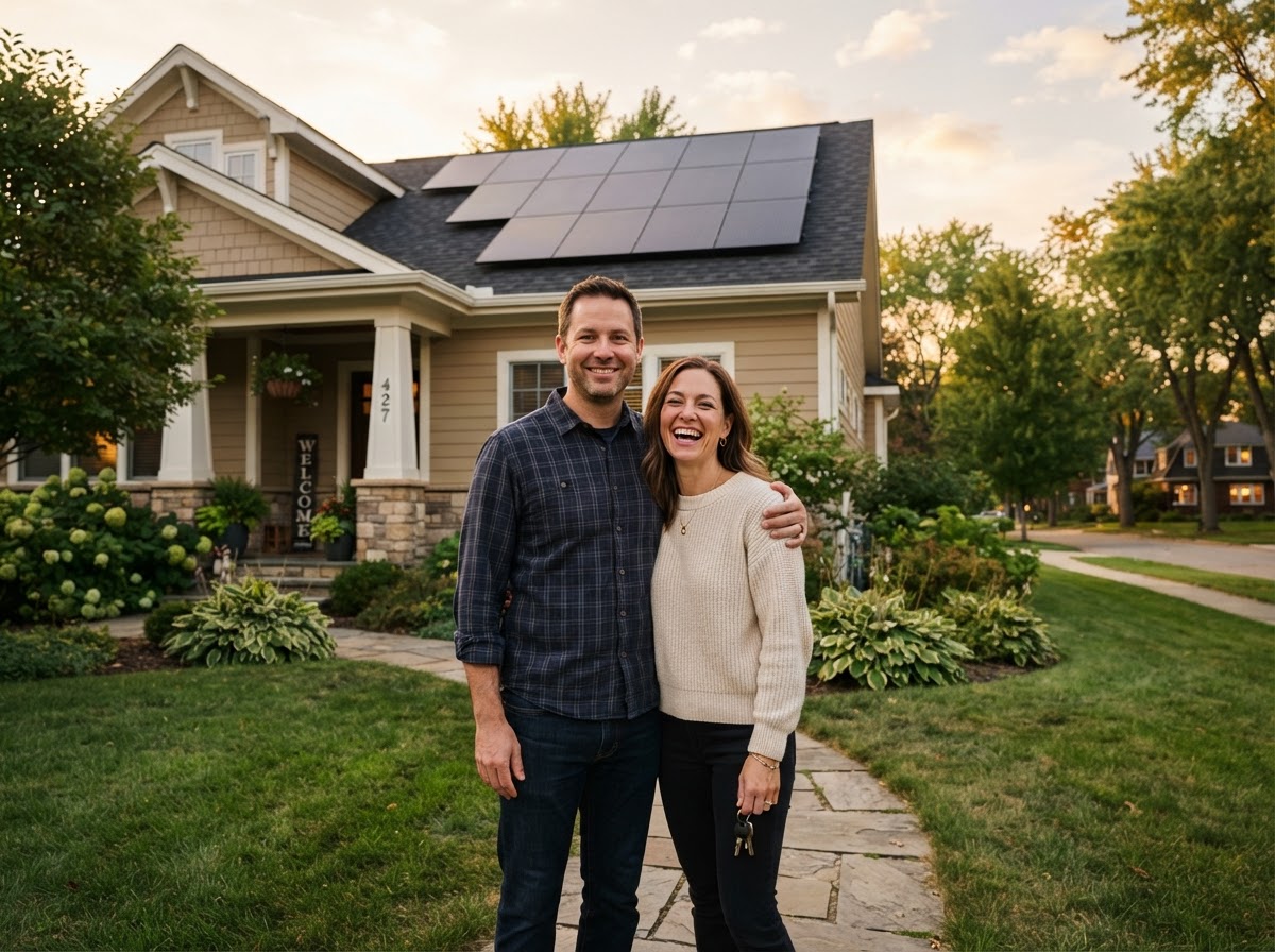 Happy homeowners in front of a house with new all-black solar panels