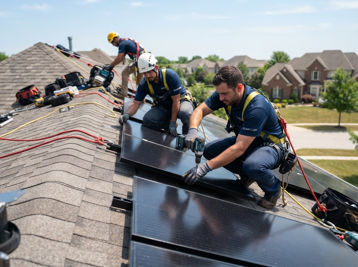 WHYGEN SOLAR crew installing all-black solar panels on a home roof