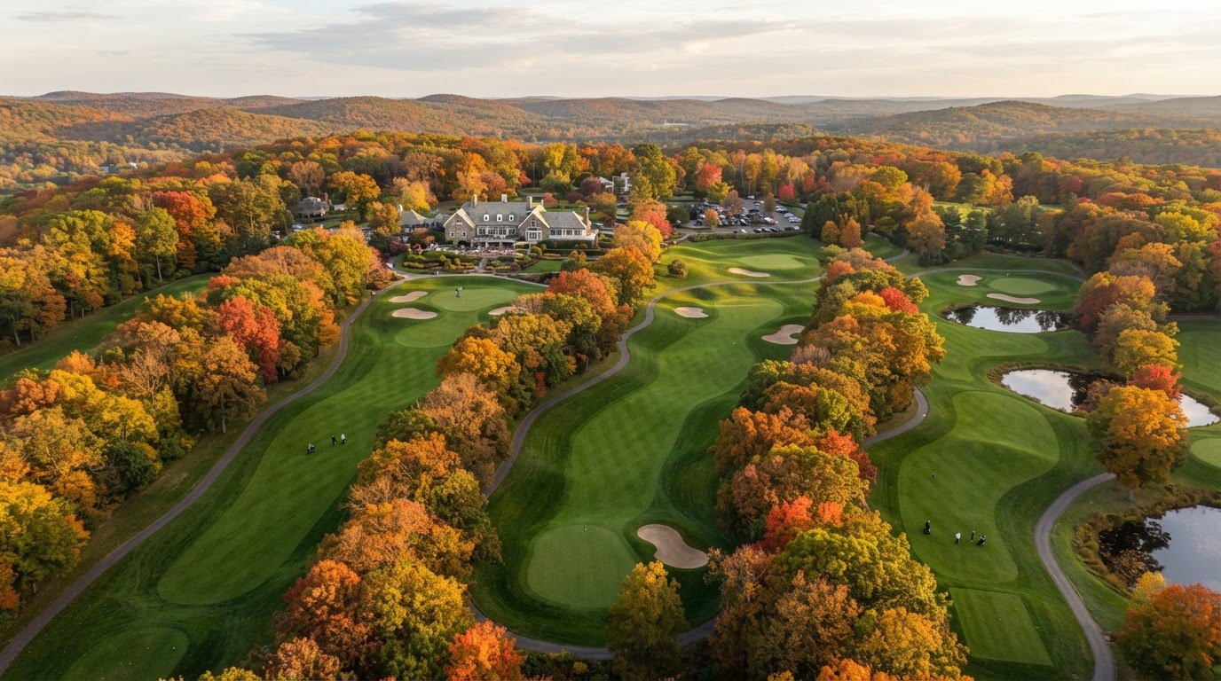 Aerial view of a New Jersey golf course in autumn