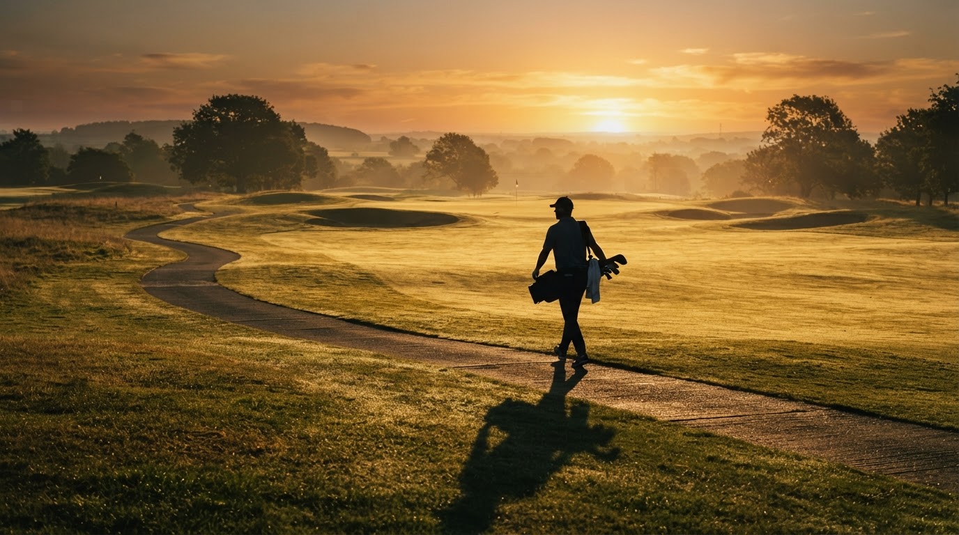 A golfer walking toward a course at sunset