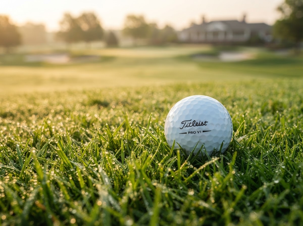 A golf ball on manicured grass