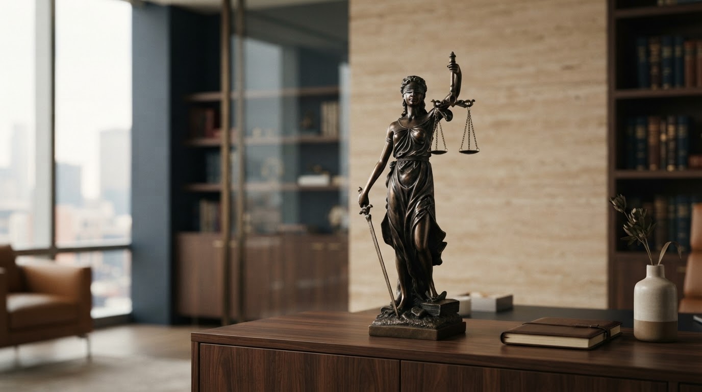 Estatua de la Dama de la Justicia en un despacho jurídico contemporáneo