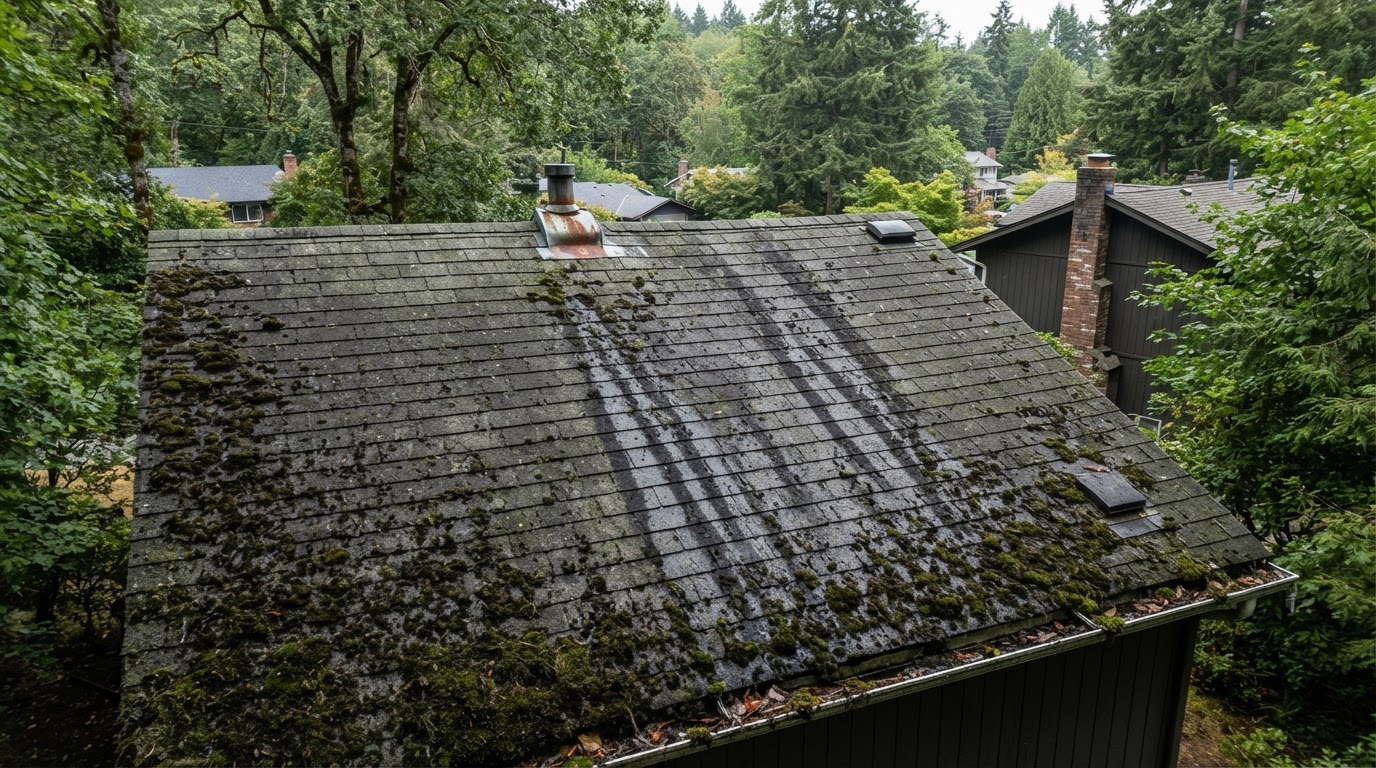 Roof Moss & Algae Treatment — before (service example)